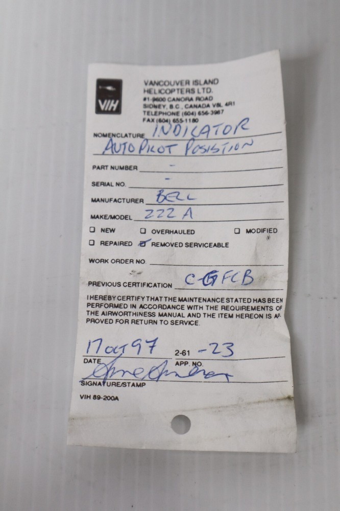 Bell Helicopter 222A Autopilot Position Indicator 20242005-104 Removed Working