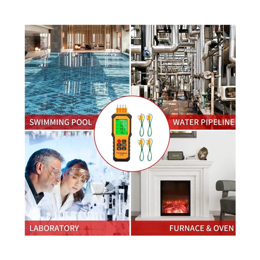 4-Channel K-Type Temperature Thermometer with LCD Backlight Measurement Range...