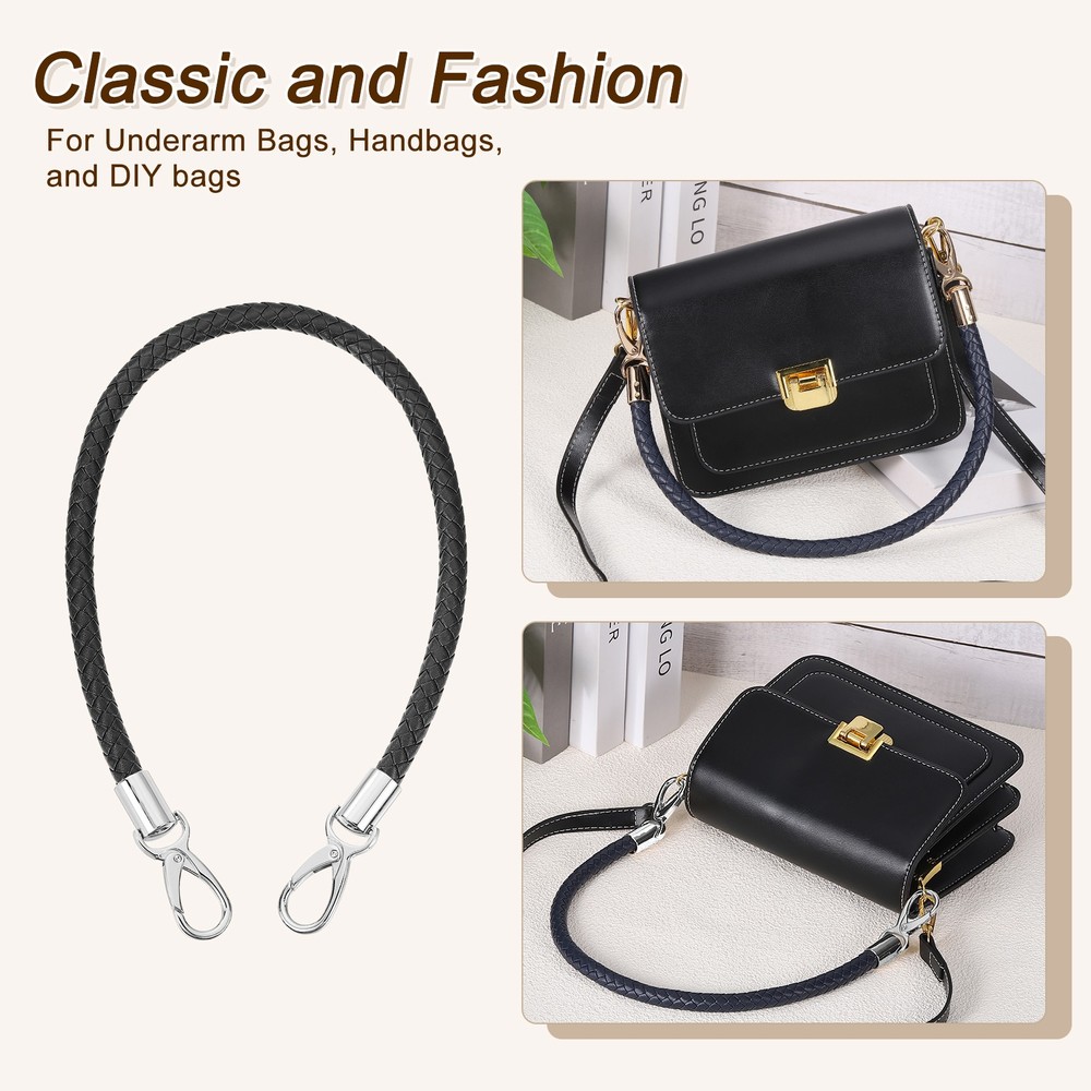 2Pcs 60cm Short Leather PU Braided Purse Replacement (Black, Silver)