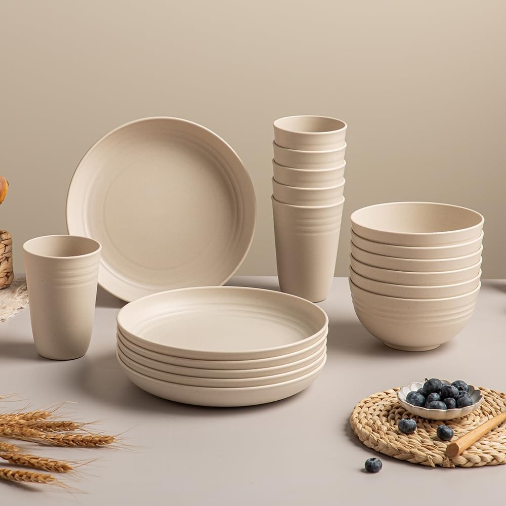 18PCS Wheat Straw Dinnerware Sets, Kitchen Set Large, Beige