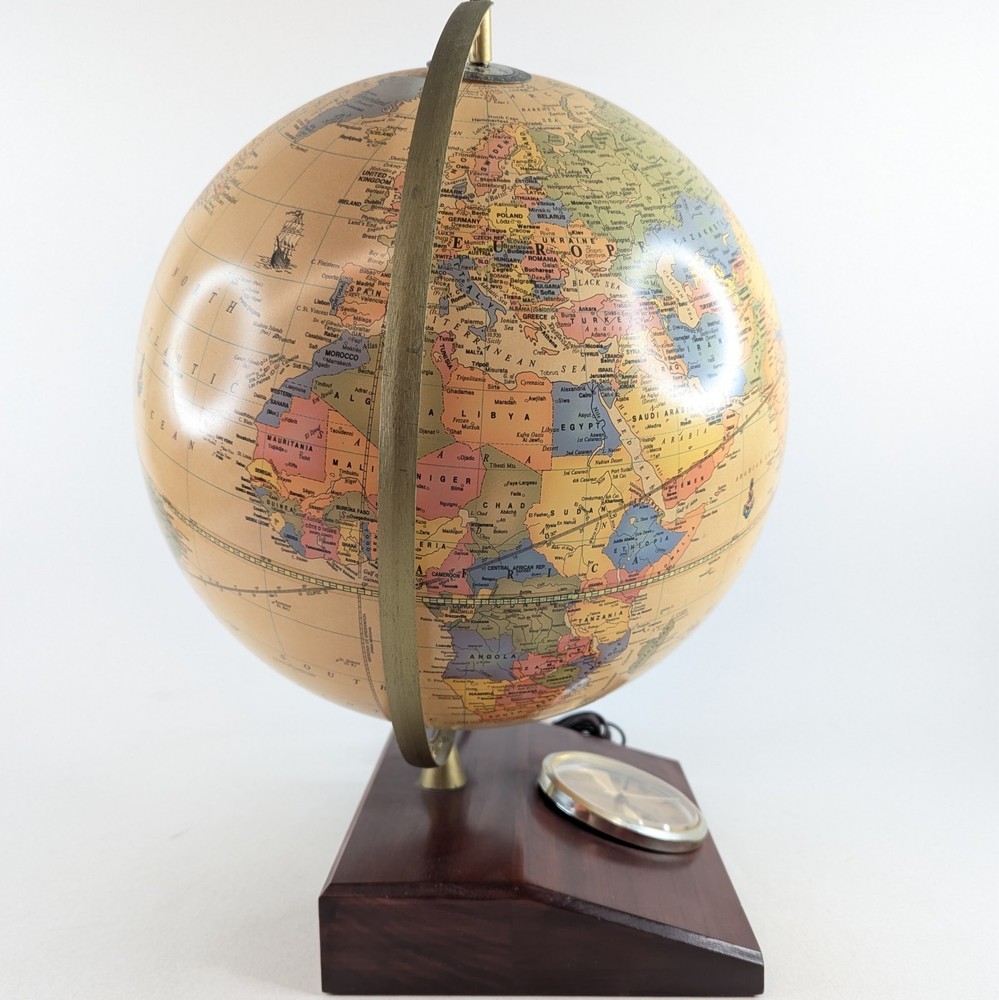 Replogle Illuminated Globe Vintage Wood Base Clock Lighted Rare EUC