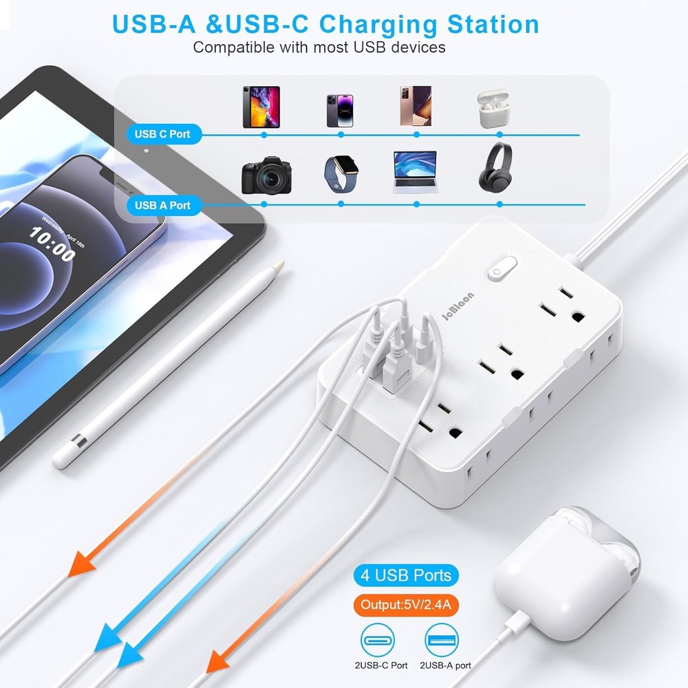 Flat Plug Power Strip Surge Protector, 5ft Ultra Thin 5FT, QT660-White
