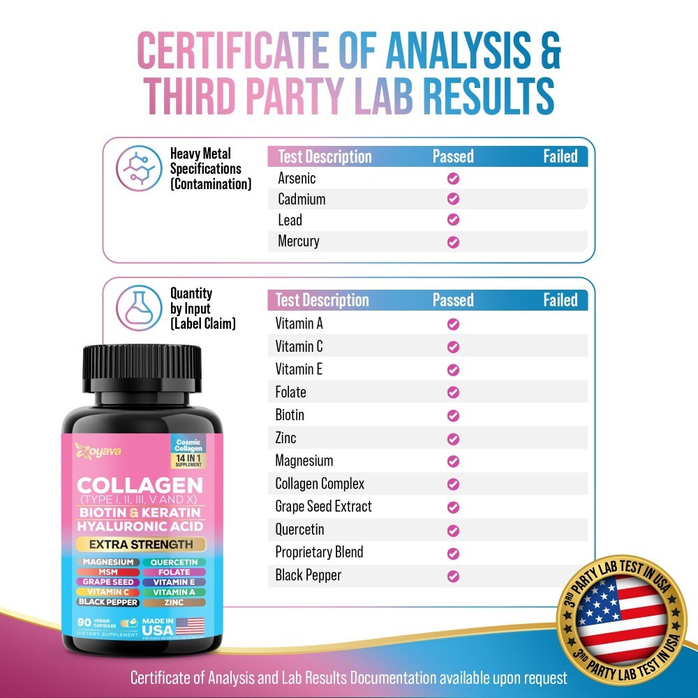 Zoyava Collagen Pills Peptides Types I, II, III, V & X 64,000 MCG Biotin 90 Caps