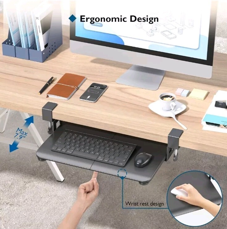 BONTEC Small Keyboard Tray Under Desk, Pull Out Keyboard & Mouse Tray