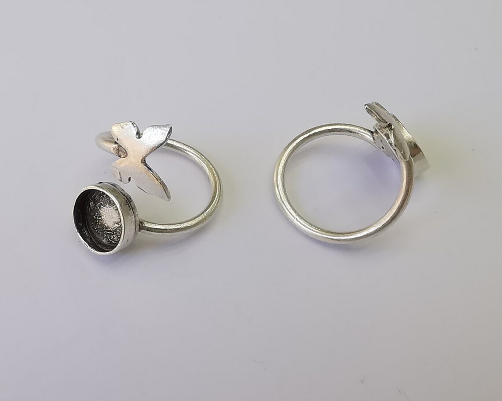 Butterfly Ring Blank Base Silver Round Setting Cabochon Adjustable Brass G26144