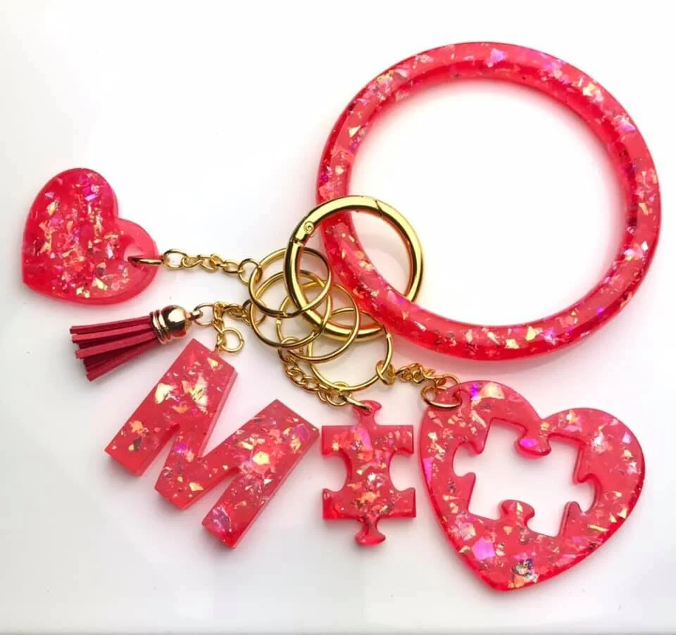 Red Glitter Flakes Resin Keychain Bracelet Set