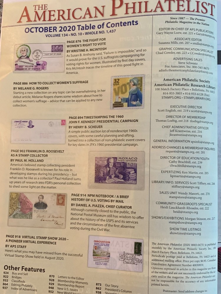 American Philatelist Magazine 2020, October
