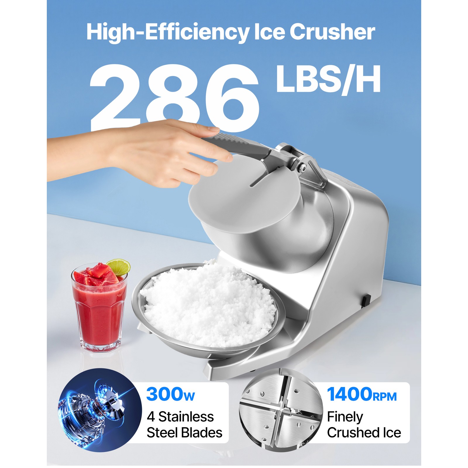 Uimoso Electric Ice Crusher Machine, 286LBS/H, Shaved Ice Maker, Silver