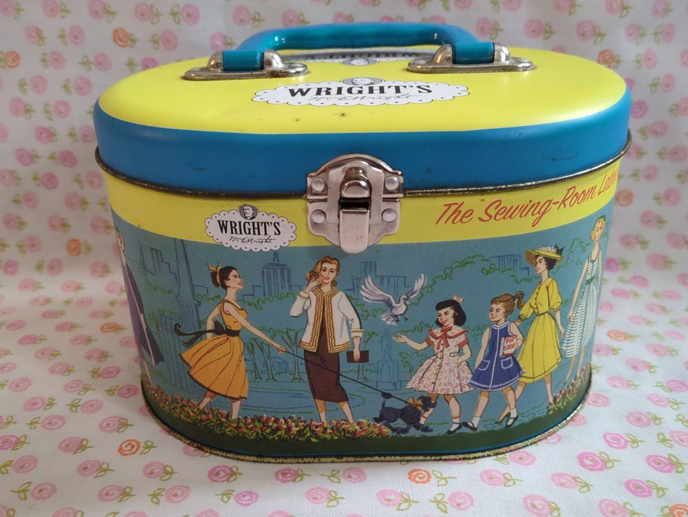 Retro Wright's Oval Sewing Box, Small Latching Suitcase Tin, Labor Saver