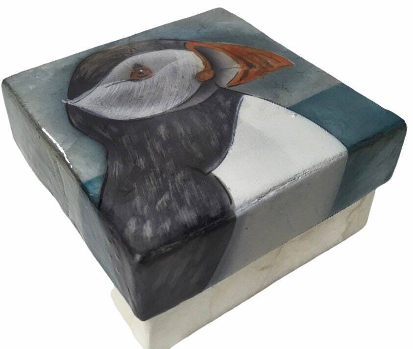 Handpainted Handmade Square Puffin Capiz Shell Box 4"