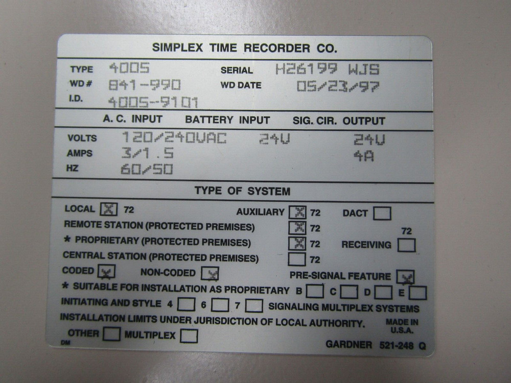 💥SIMPLEX 4005 FIRE ALARM CONTROL PANEL 120/240 VAC 4005-9101