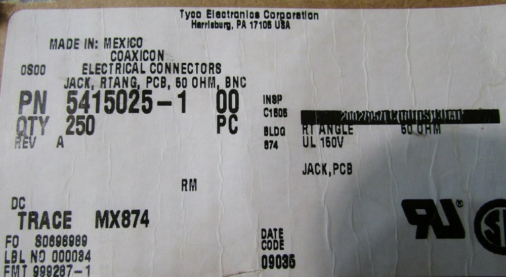 2 Tyco Amp BNC Connector Jacks, Female Socket 50 Ohm PCB Mount, Thru Hole Angle