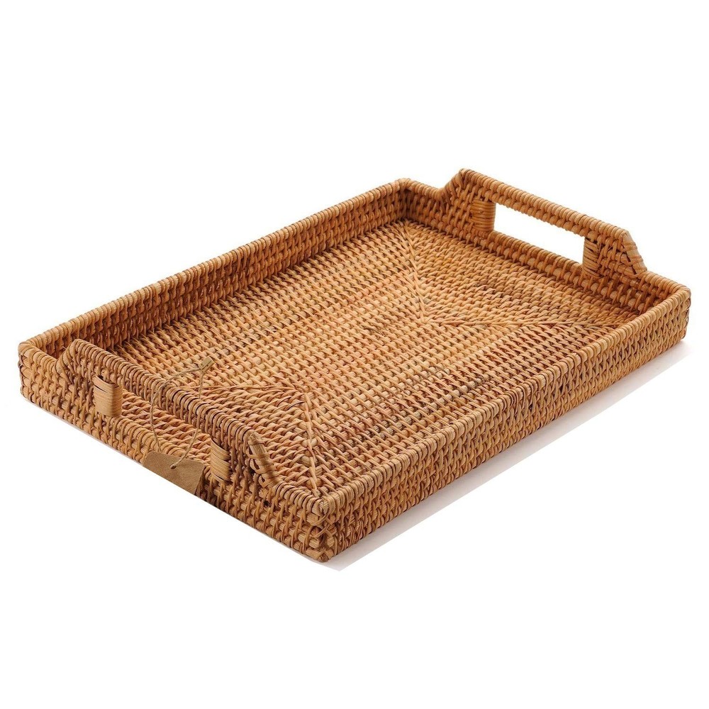 Handwoven Rattan Serving Tray with Handles – 17" Rectangular Wicker Tray for ...