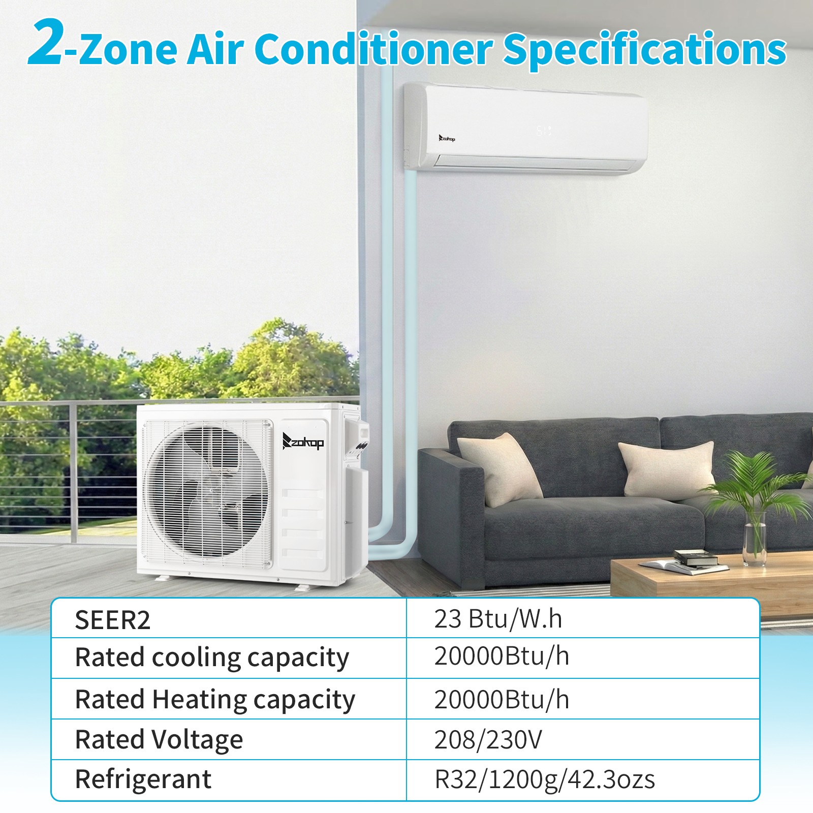20000 BTU Dual Zone Ductless Mini Split Air Conditioner w/Heat 2x9000BTU 23 SEER