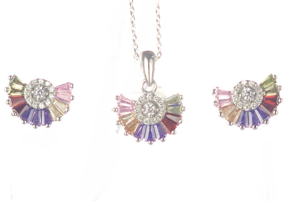 Solid 925 Silver Multicolor Crystal 18" Italy Necklace, Pendant & Earring Set