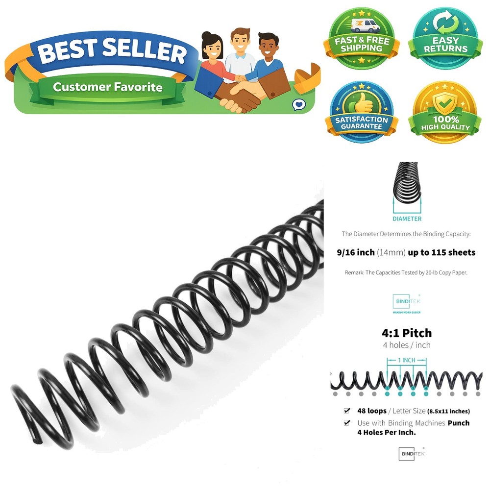 Efficient 50 Pack Black Spiral Binding Coils - 14mm, Perfect for Letter Size