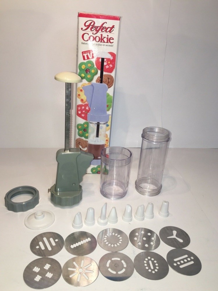 PERFECT COOKIE Press Super Shooter Maker Lever Kit Bakery 10 Discs,8 Tips EUC