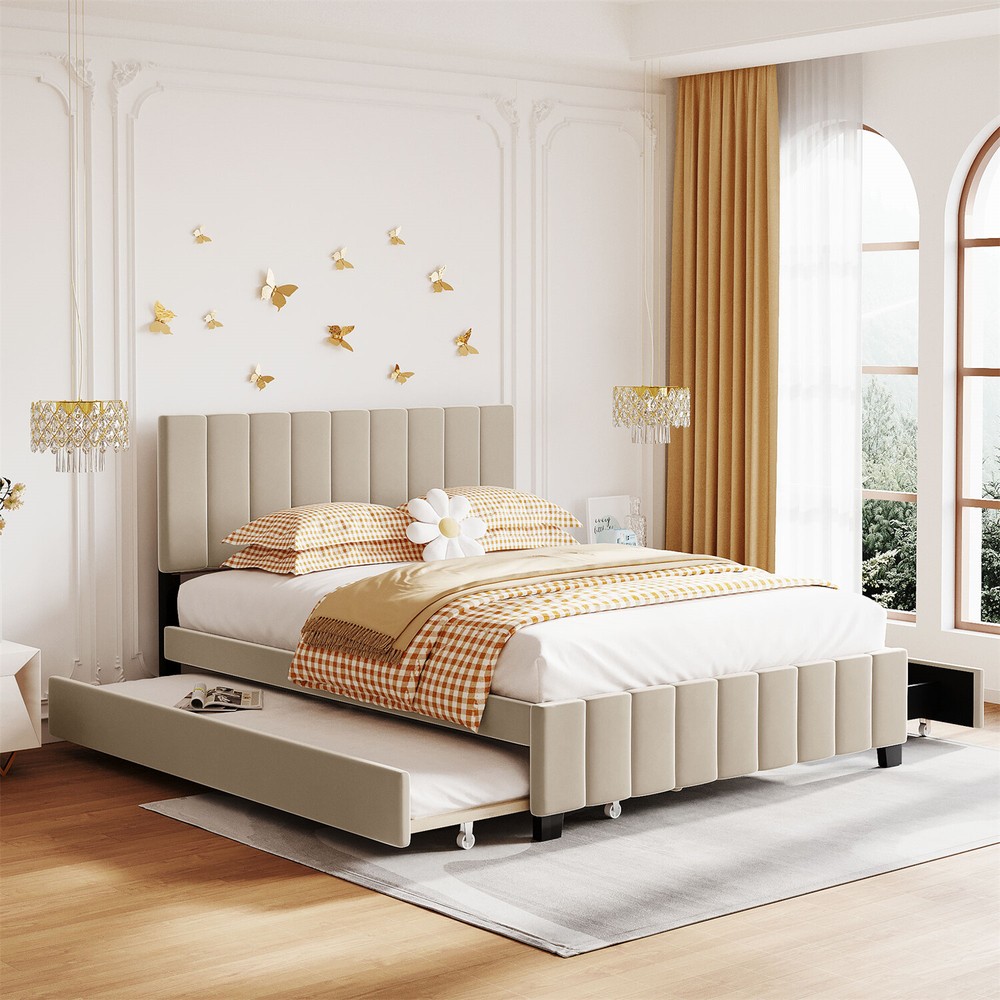 Queen Size Bed Frame Upholstered Platform Bed w/ Pull-Out Trundle & 2 Drawers