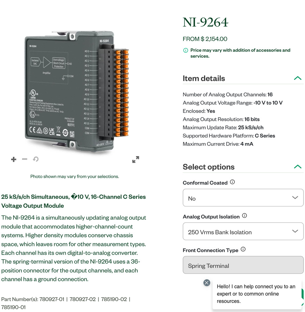 National Instruments NI 9264 cDAQ Analog Output Module Push in connector
