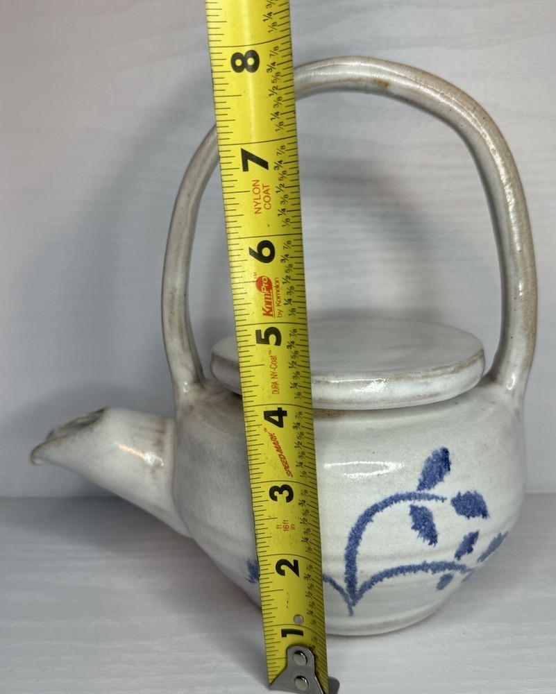 Handmade Art Pottery Teapot Blue Design Pattern Marked On Bottom.
