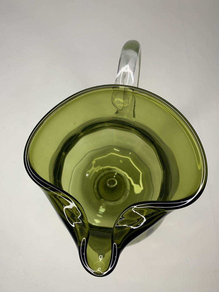 hand blown green footed 10 1/2" pitcher & applied clear handle