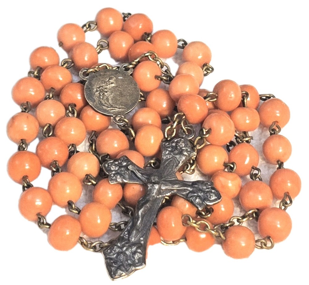 Antique French Rosary Real Angel Skin Coral Beads Silver Catholic Crucifix 22"