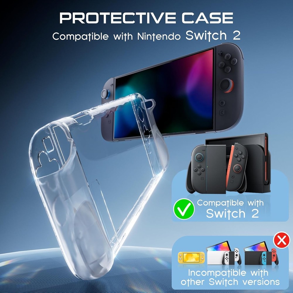 for Switch 2 Dockable Cover TPU Case + Screen Protector + 6 Silicone Thumb Caps