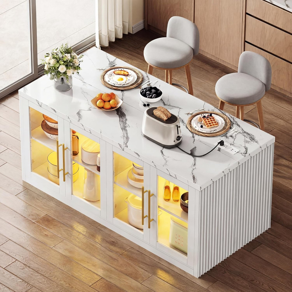 Large Kitchen Island with Storage & LED Light, Rolling Breakfast Bar Table