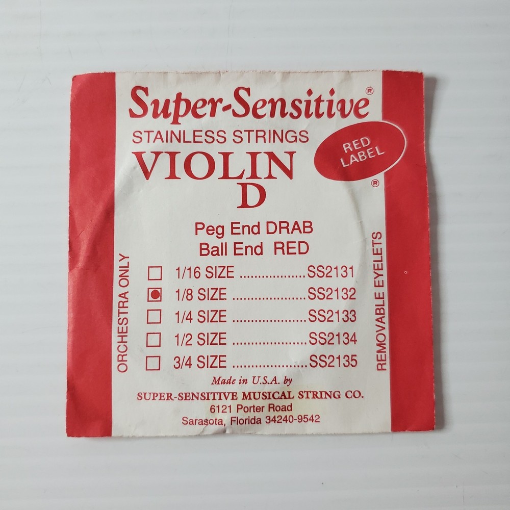 Super Sensitive Red Label Stainless Strings Violin D String 1/8 Size SS2132