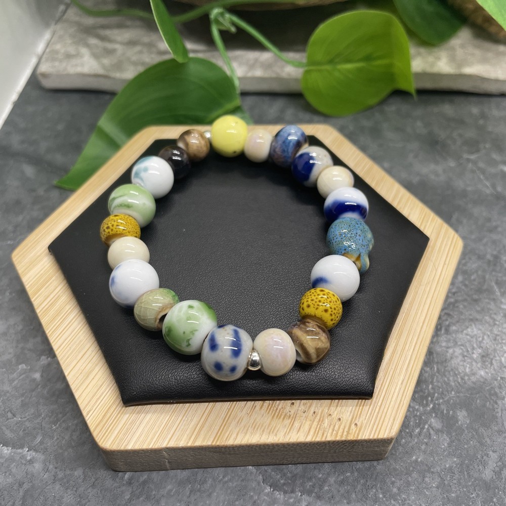 Handmade Ceramic Bead Beaded Stackable 6.5” Plus Stretch Bracelet New B473
