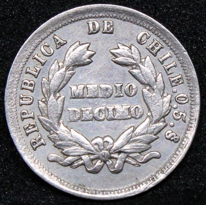 1880 Chile 1/2 Decimo KM# 137.2, UNC + some die clashing error