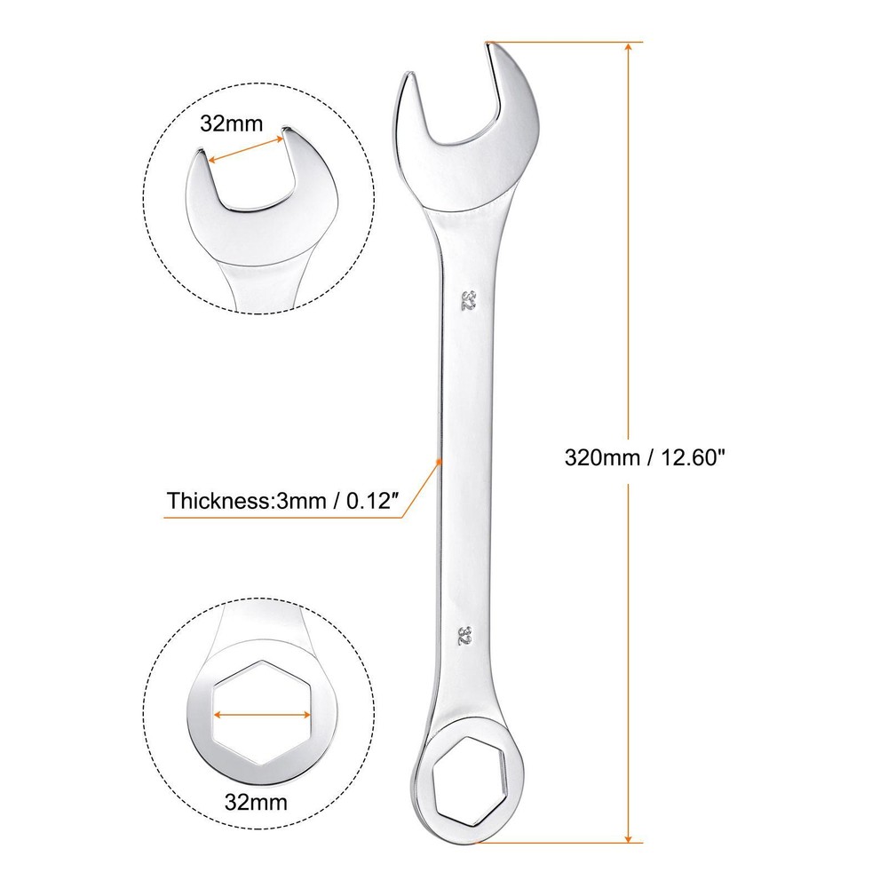 Thin Combination Wrench with Offset 6-Point End and Angled Open End 32mm