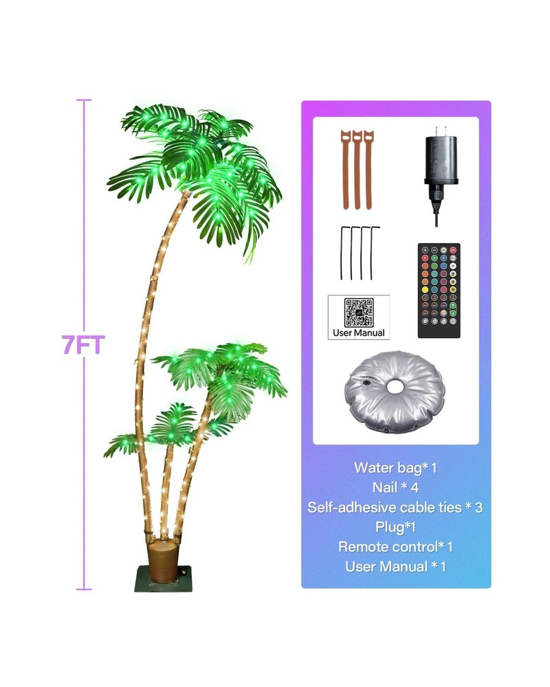 7FT Smart Lighted Palm Tree, DIY Color Changing LED Artificial Palm Tree 3 Tr...