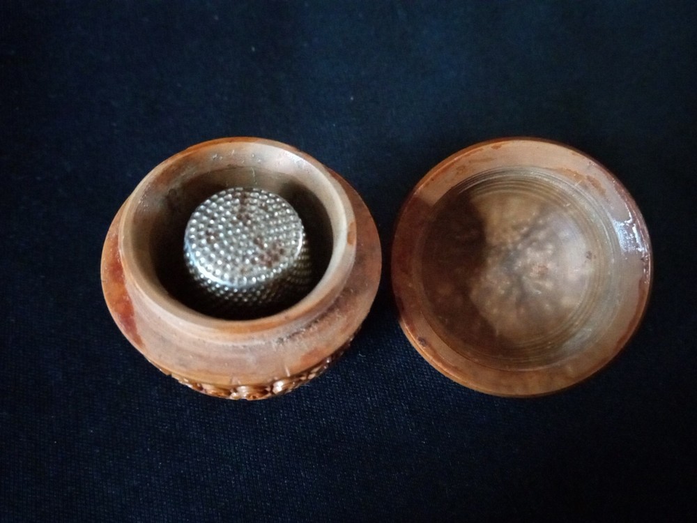 Victorian Hand Carved Coquilla Nut Egg Sewing Thimble Holder Case + Thimble