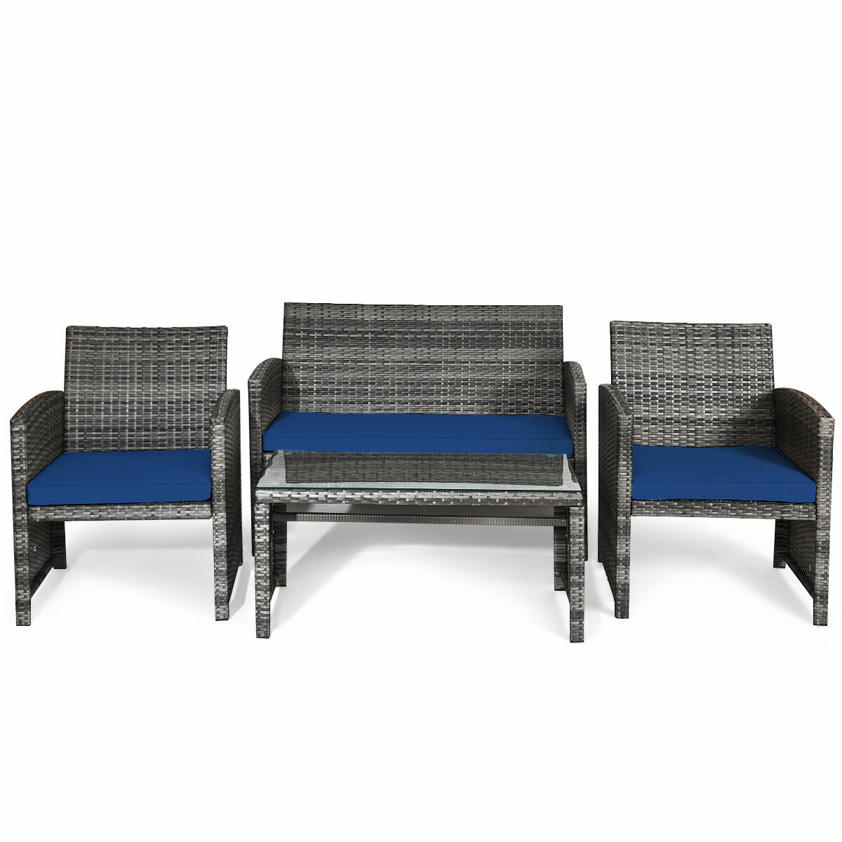 4PCS Patio Rattan Furniture Set Conversation Glass Table Top Sofa Cushioned Navy