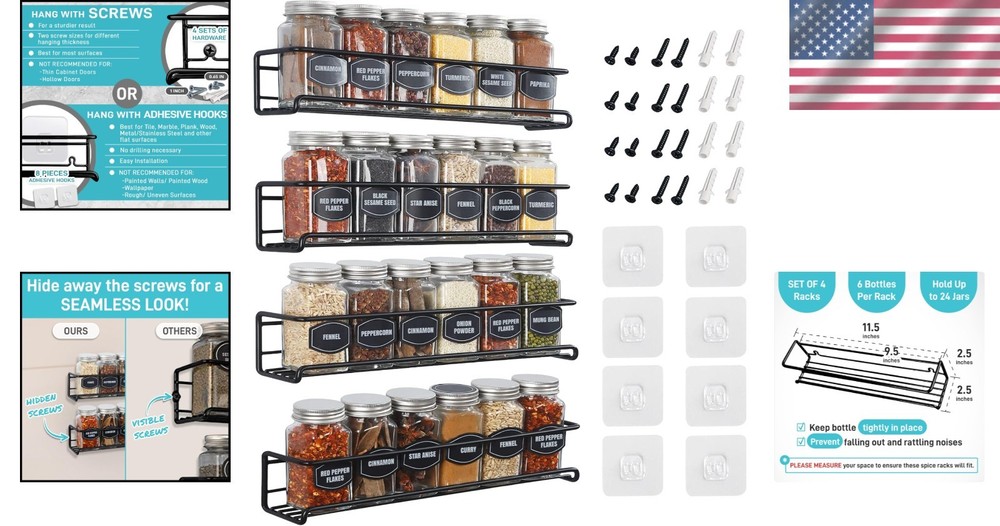 Space-Saving 4-Tier Spice Rack – Adjustable Wall Mount for Kitchen & Beyond