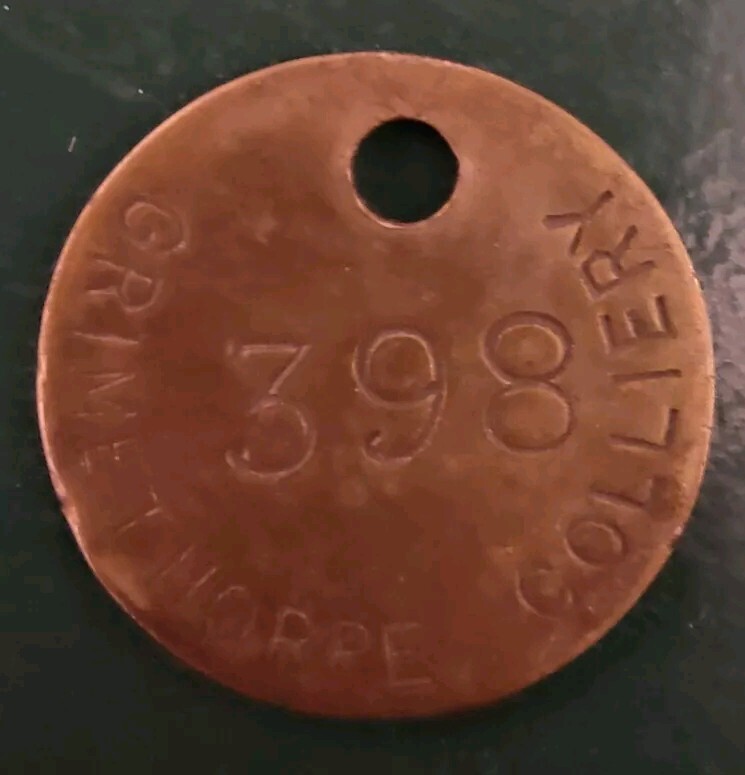 GRIMETHORPE Colliery Pit Check Tally - marked GRIMETHORPE COLLIERY 398
