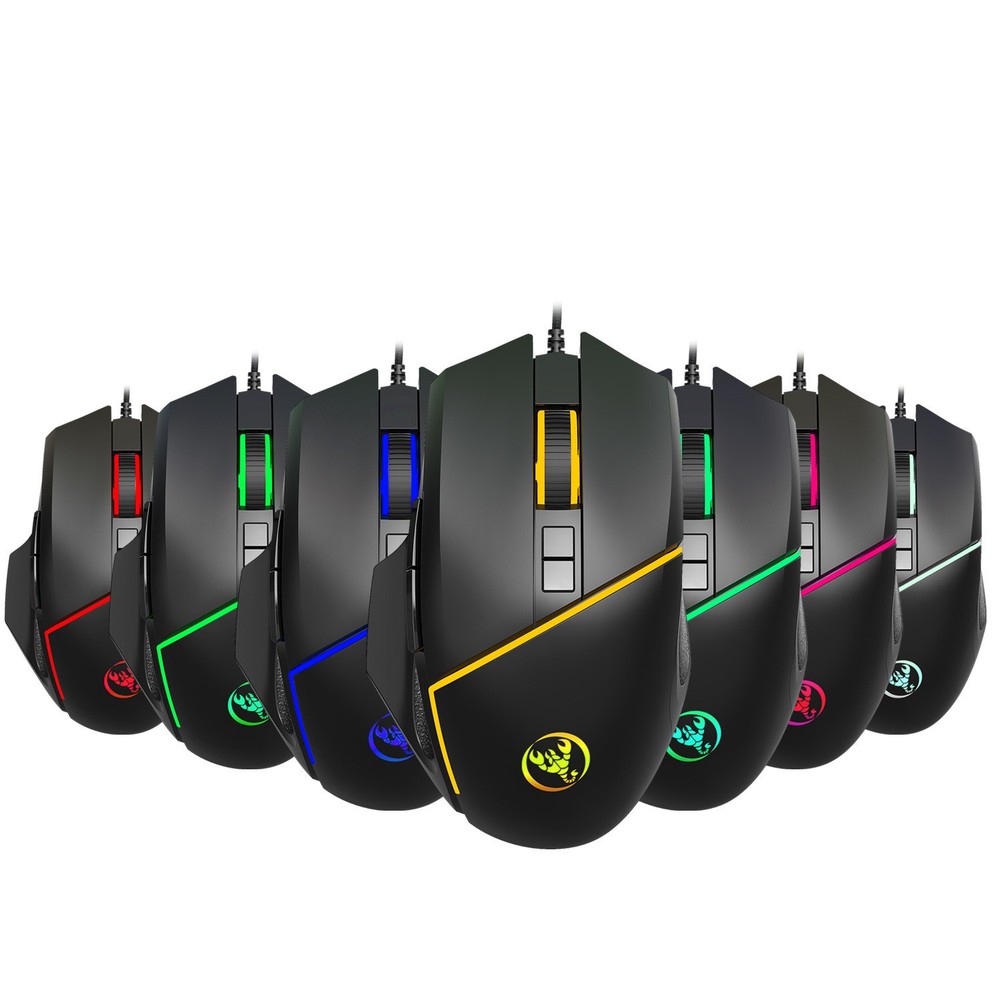 A876 wired gaming mouse with colorful synchronized lighting, 6400dpi adjustable