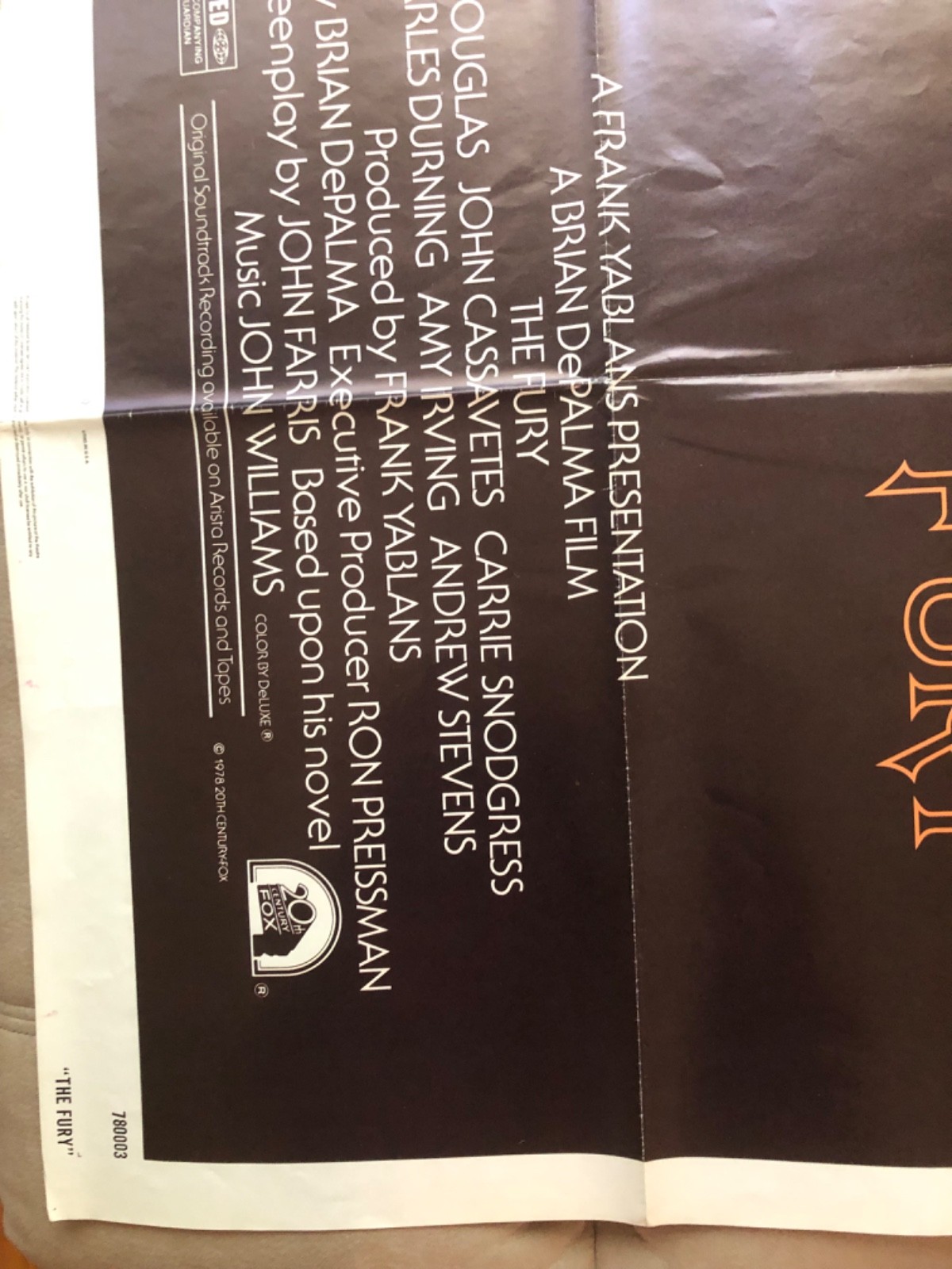 THE FURY Brian De Palma Original 27x41 US One Sheet Movie Poster Kirk Douglas