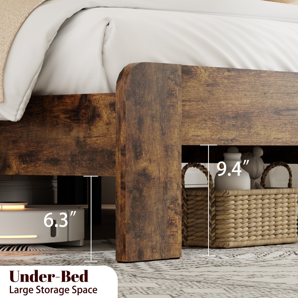 Queen Size Bed Frame w/ USB Headboard & Storage, Dark Brown, Easy Assembly