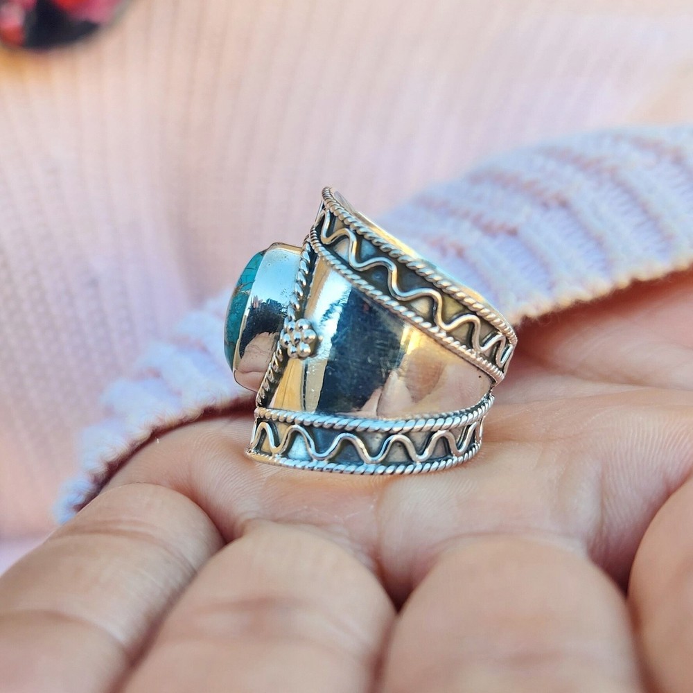 Genuine Turquoise Ring 925 Sterling Silver Boho Copper Turquoise Statement Ring