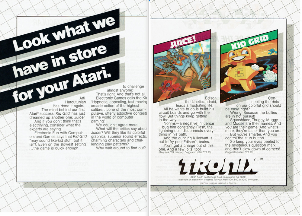 1983 Atari Kid Grid Juice Computer games Tronix Vintage PRINT AD Technology 2 pg