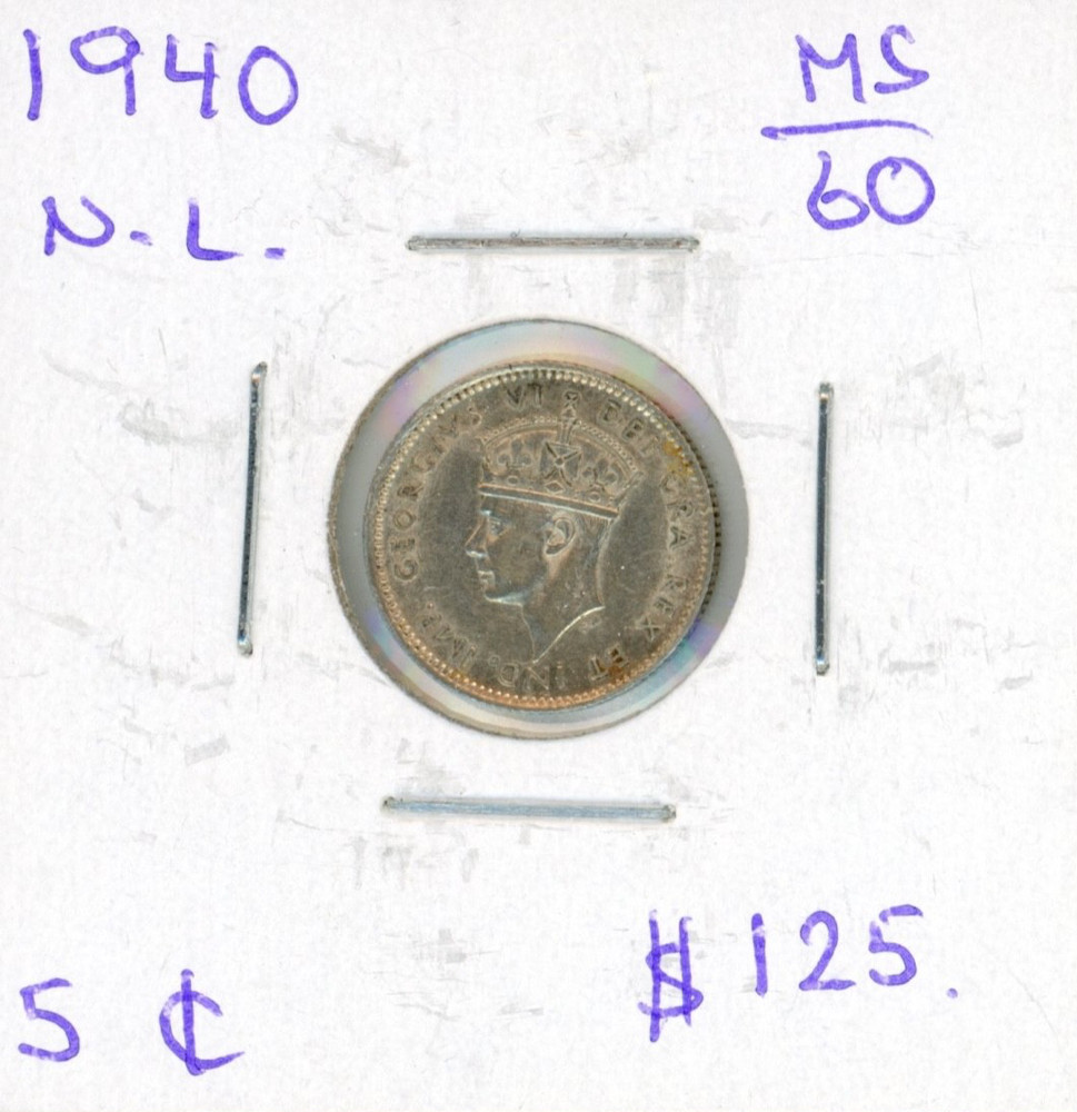 1940 Newfoundland Canada Five Cents Silver
