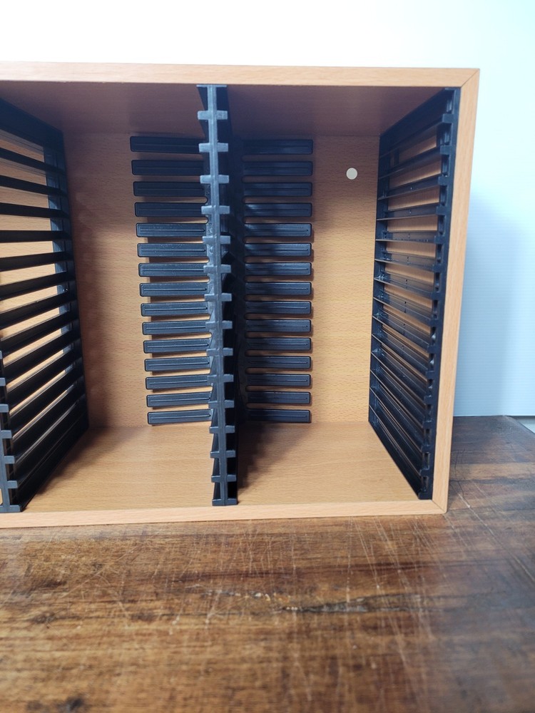 CD STORAGE BOX, 60 CD HOLDER, TIMBER AND PLASTIC CONSTRUCT