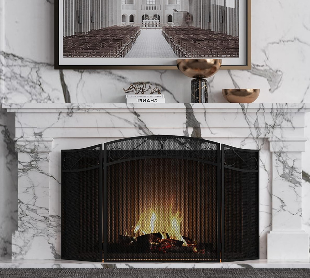 3 Panel Wrought Iron Fireplace Mesh Black Screen Guard Traditional Scrollwork