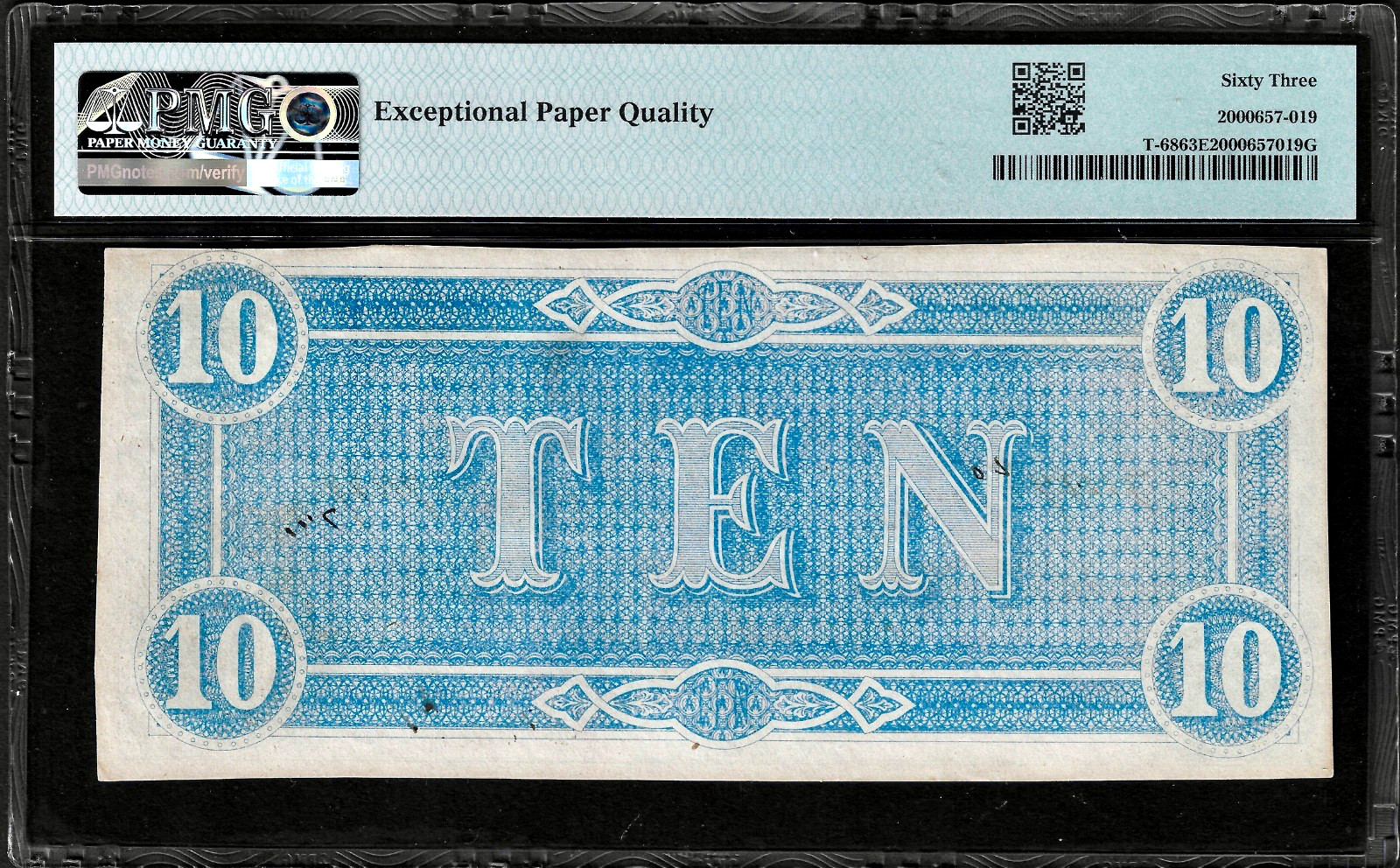 1864 CSA CONFEDERATE STATES AMERICA CURRENCY $10 Dollar Note T-68 PMG 63EPQ