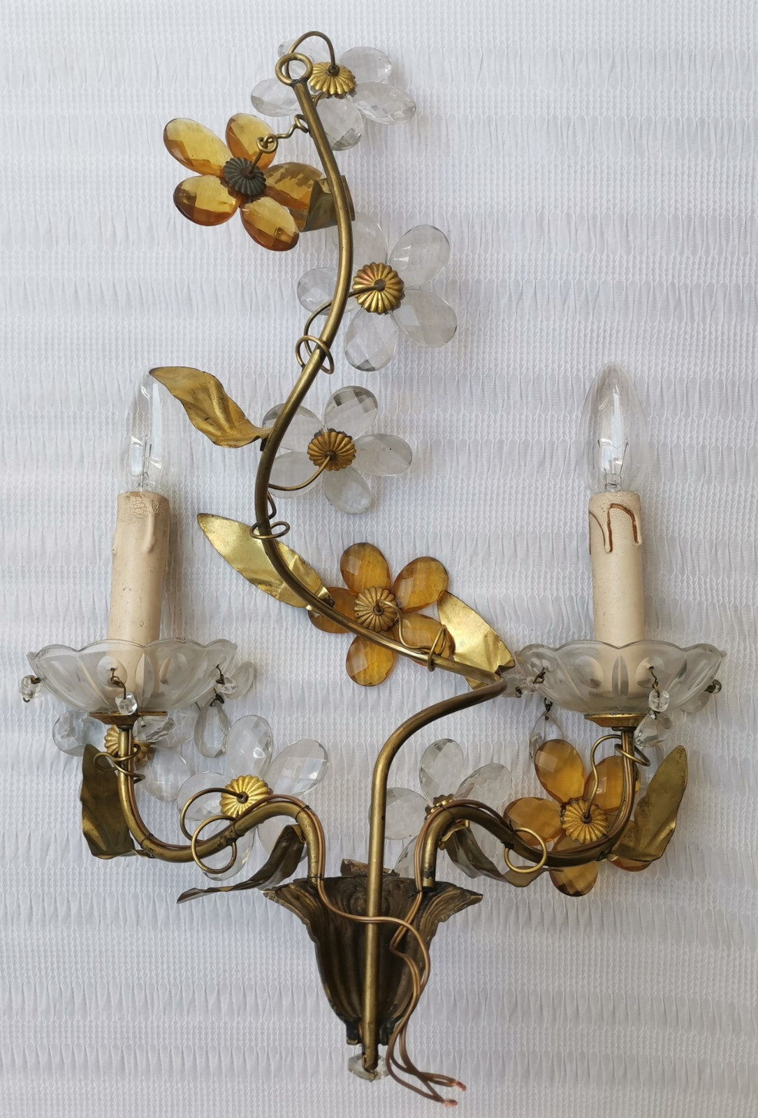 VINTAGE BAGUES BANCI style GILT TOLE GLASS FLOWERS PAIR WALL SCONCES 2 LIGHTS