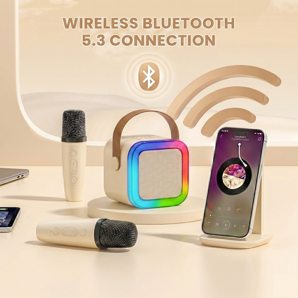 Mini Bluetooth Karaoke Microphone, Portable Wireless Singing Machine,Includ2 Mic