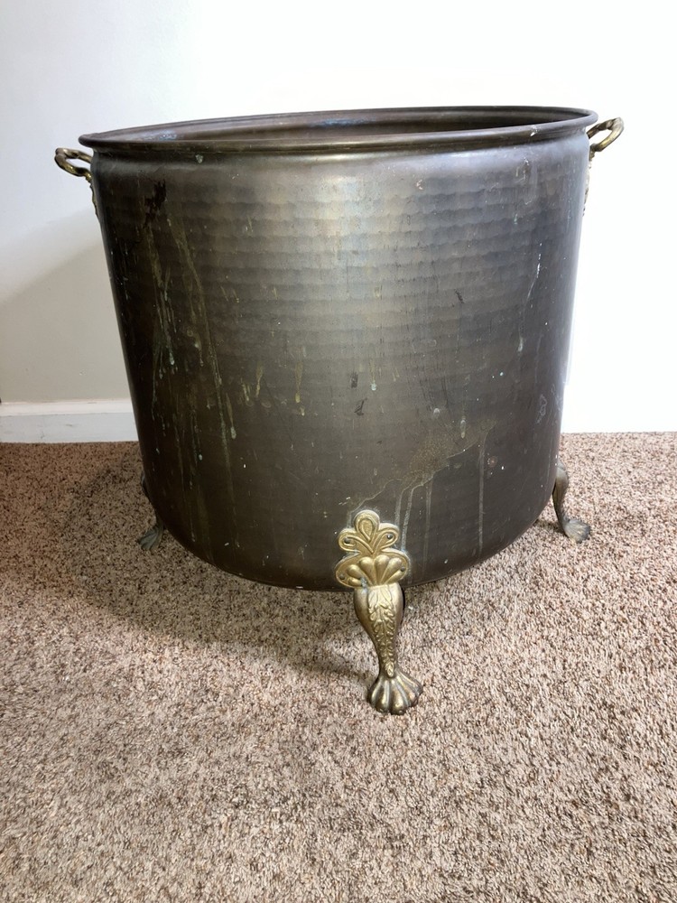 Large Vintage Footed Brass Fireside Coal Bin Log Box Bin Coal Scuttle Purdonium