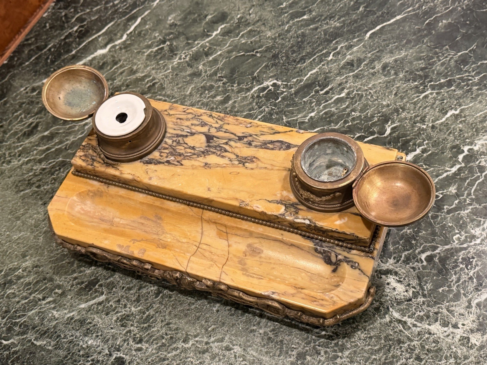 Napoleon III Large French Double Ink Well - Brass With Footed Marble Base